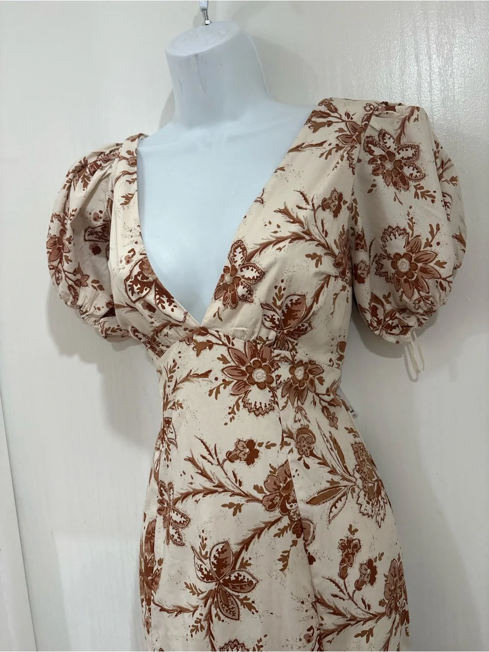 Bohemian cottagecore Ivory and Brown Floral V-Neck Puff Sleeve Dress